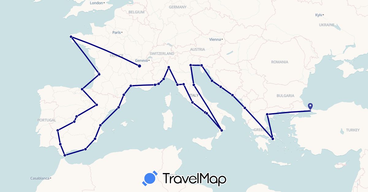 TravelMap itinerary: driving in Albania, Spain, France, Gibraltar, Greece, Croatia, Italy, Turkey (Asia, Europe)