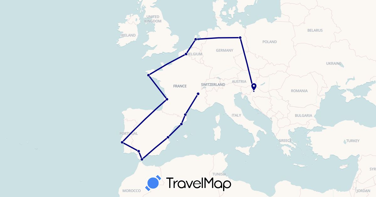 TravelMap itinerary: driving in Germany, Spain, France, Gibraltar, Croatia, Netherlands, Portugal (Europe)
